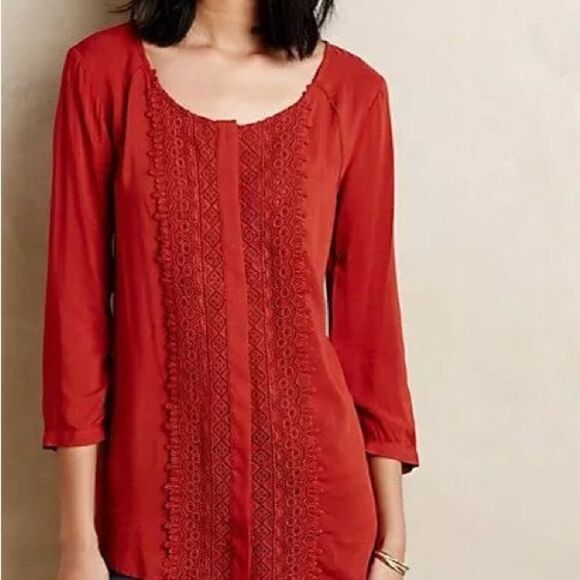ANTHROPOLOGIE Maeve Rust Color Crescent Street Button Down Crochet Front Blouse - Picture 1 of 9